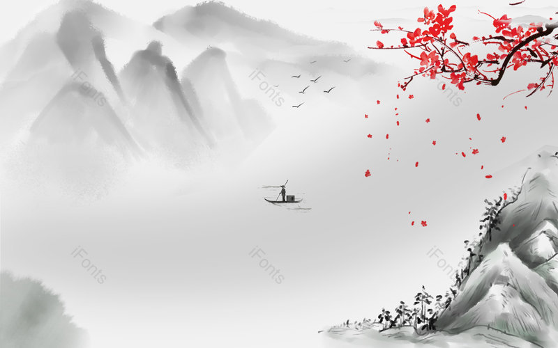 中国风复古水墨梅花山水背景模板,插画/手绘图,插画/手绘图库,插画/手绘图下载,插画/手绘